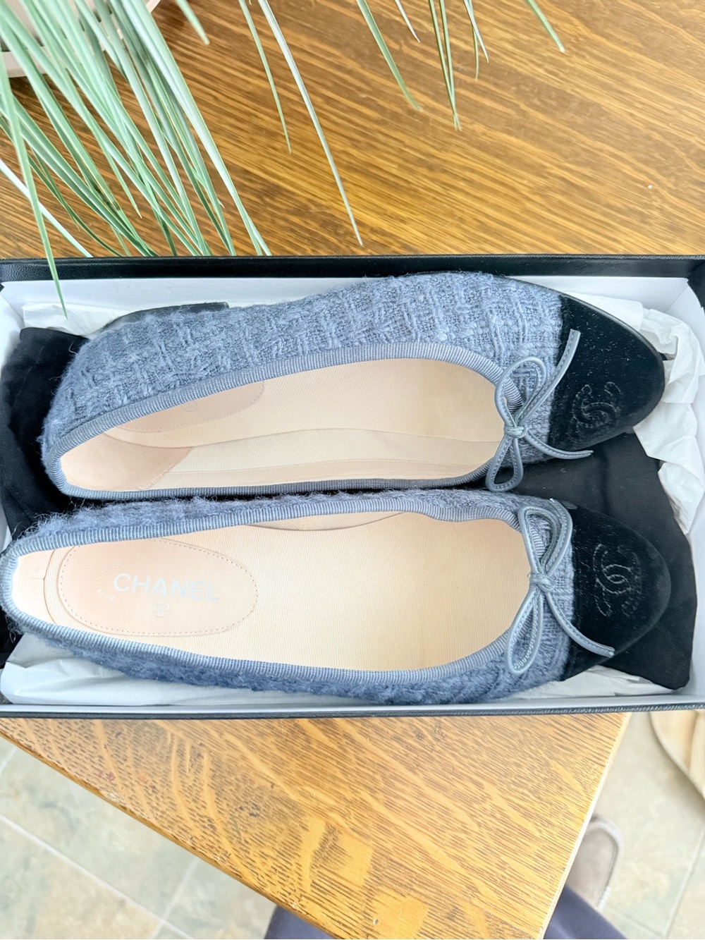 Chanel Gray Quilted Cap-Toe Ballet Flats
